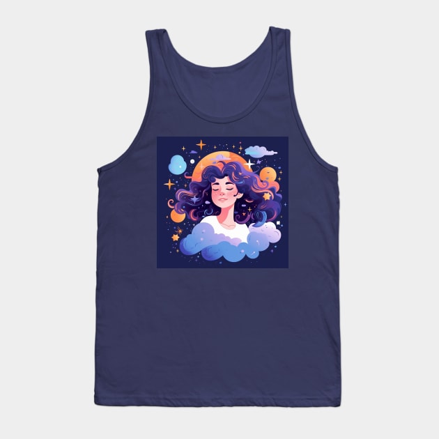 Woman with sweet dreams concept Young girl with galaxy and universe at hairs Tank Top by Pinnancy